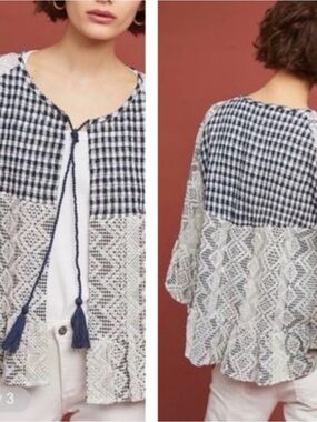 Anthropologie Akemi & Kin Navy Gingham + Ivory Crochet Boho Kimono One Size